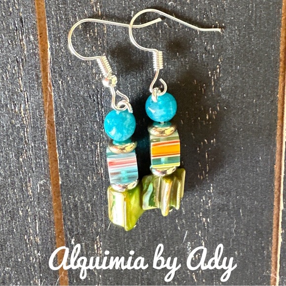 Alquimia Blue and Green Handmade Earrings apatite biwa pearl - Picture 1 of 1